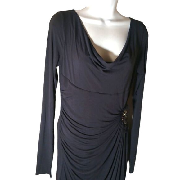 Bailey 44 black ruched wrap jersey knit long sleeve dress with jeweled accent M - Picture 3 of 10